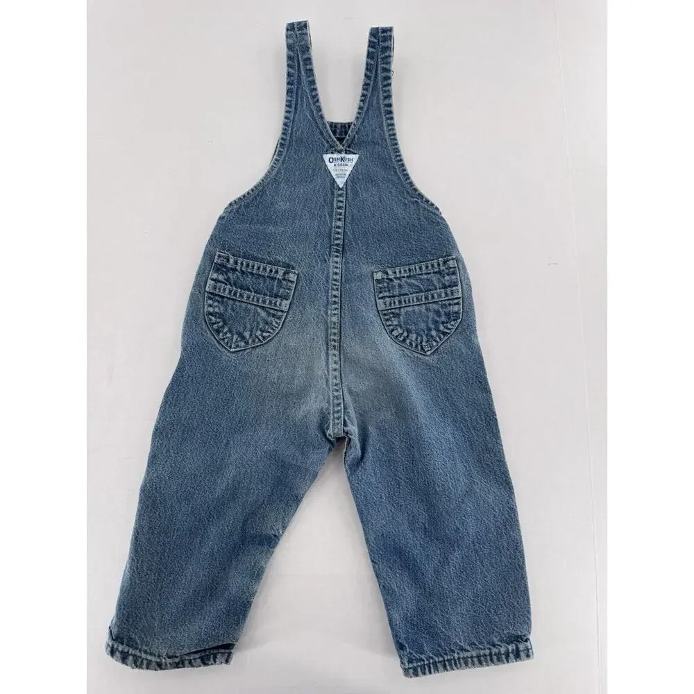 Vtg Oshkosh Overalls Vestback Sz 12m Denim Snap Blue Pockets